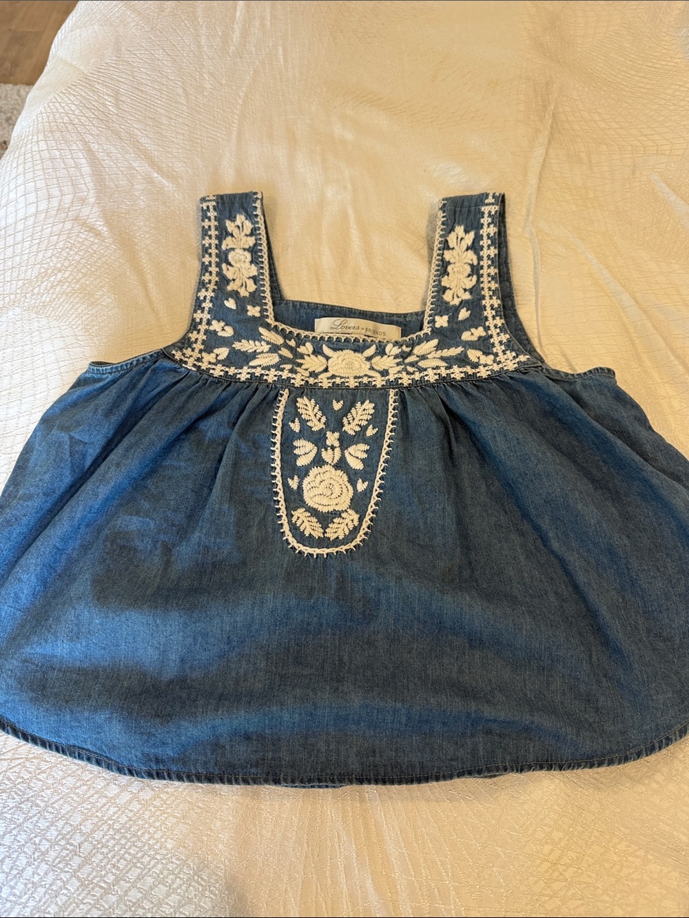 Lovers + Friends Blue Denim Tank with White Crochet Trim